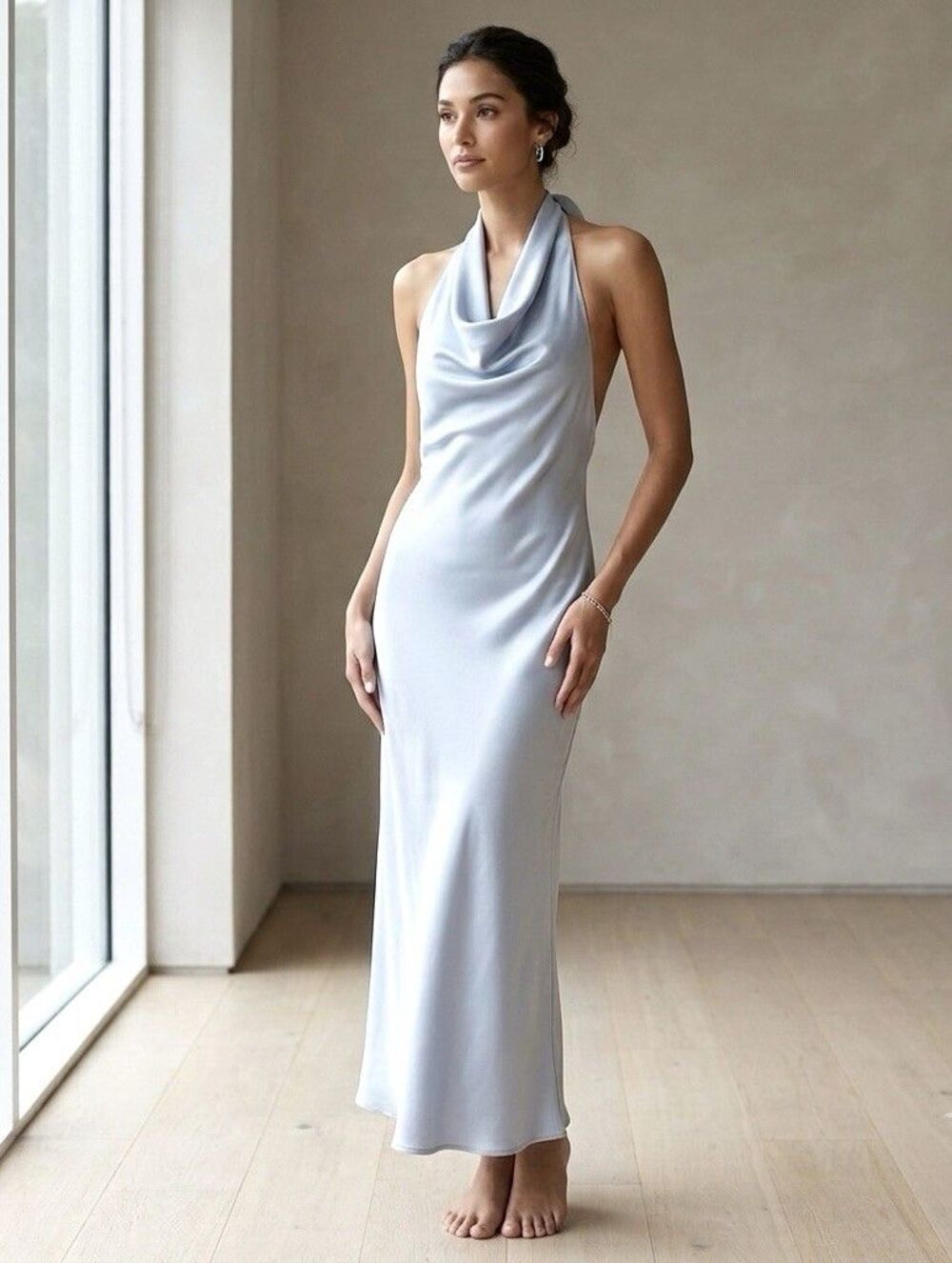 Conditions Apply Sky Blue Satin Halter Maxi Dress Size L NWT Slip Gown Flawed